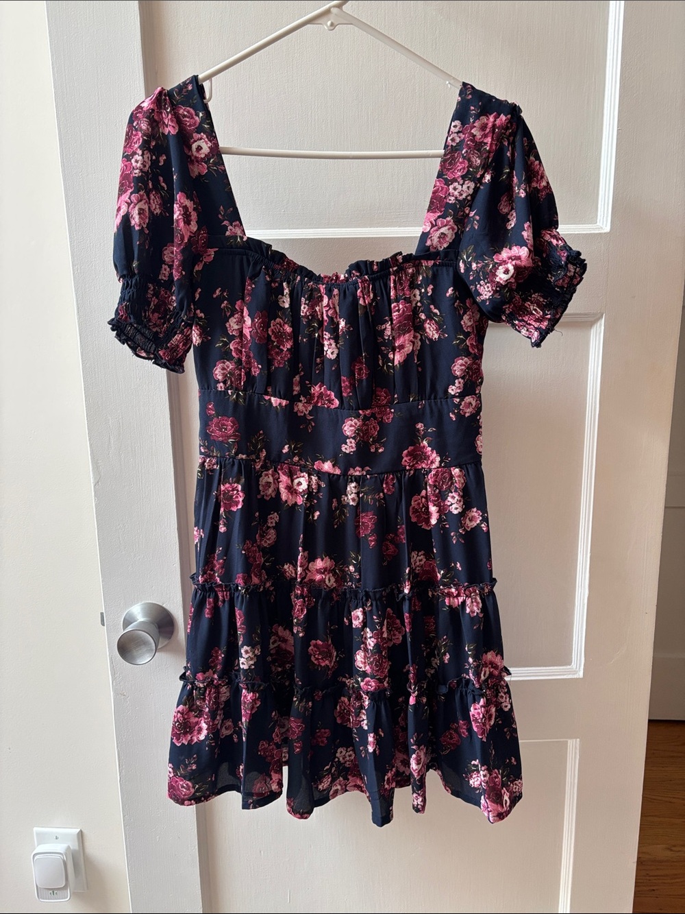 Trixxi Navy Floral Tiered Dress with Pink Rose Print